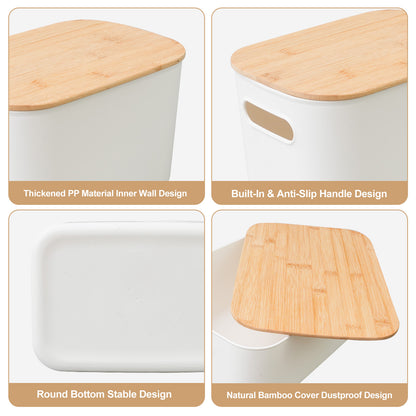 CATGOOD 2PCS Premium Minimalist Storage Boxes with Bamboo Lids, Plastic Storage Baskets, White Stackable Storage Bins with Lids for Kitchen, Cabinet, Bathroom, 10.24"x7.09"x6.3"