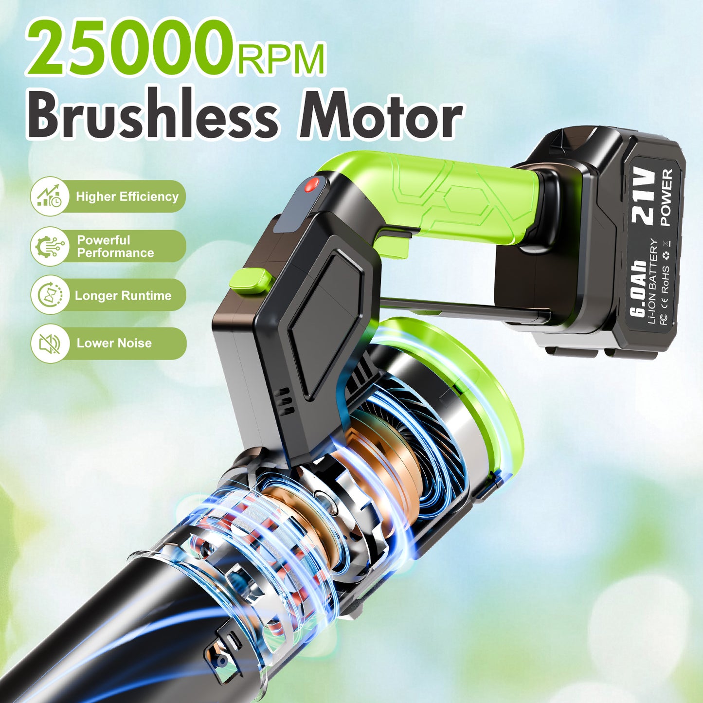 BAOKALER Cordless Leaf Blower, 21V 6AH Brushless Leaf Blower with 180¡ãAdjustable Tube, 3 Speed Modes and LED Display, 600CFM Snow Blower for Lawn Care, Blowing Leaves, Patio