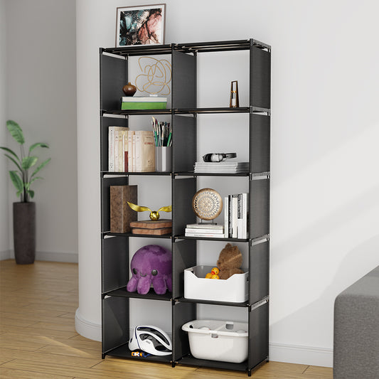 CATGOOD 6-Tiers Portable Bookshelf with Fabric Cloth at Back, 10 Cube Closet Storage Organizer Bookcase, Living Room, Study Room, Bedroom, Black