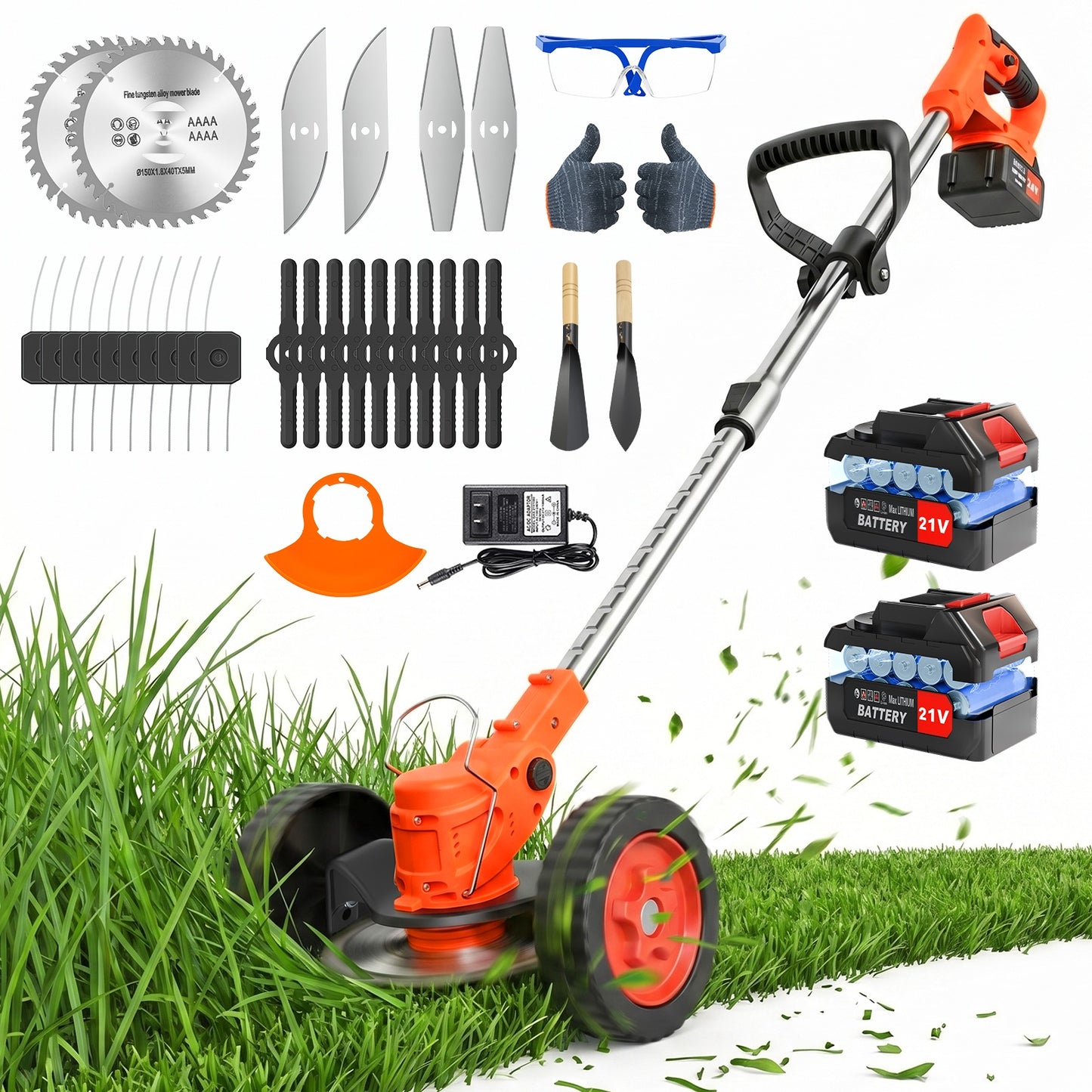 Weed Eaters, Cordless Weed Trimmer with Wheels, 2Pcs 4000mAh Batteries, Adjustable Length, 650W Grass Trimmer/Edger/Brush Cutter for Lawn Yard Garden Maintaining (Orange)