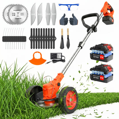 Weed Eaters, Cordless Weed Trimmer with Wheels, 2Pcs 4000mAh Batteries, Adjustable Length, 650W Grass Trimmer/Edger/Brush Cutter for Lawn Yard Garden Maintaining (Orange)