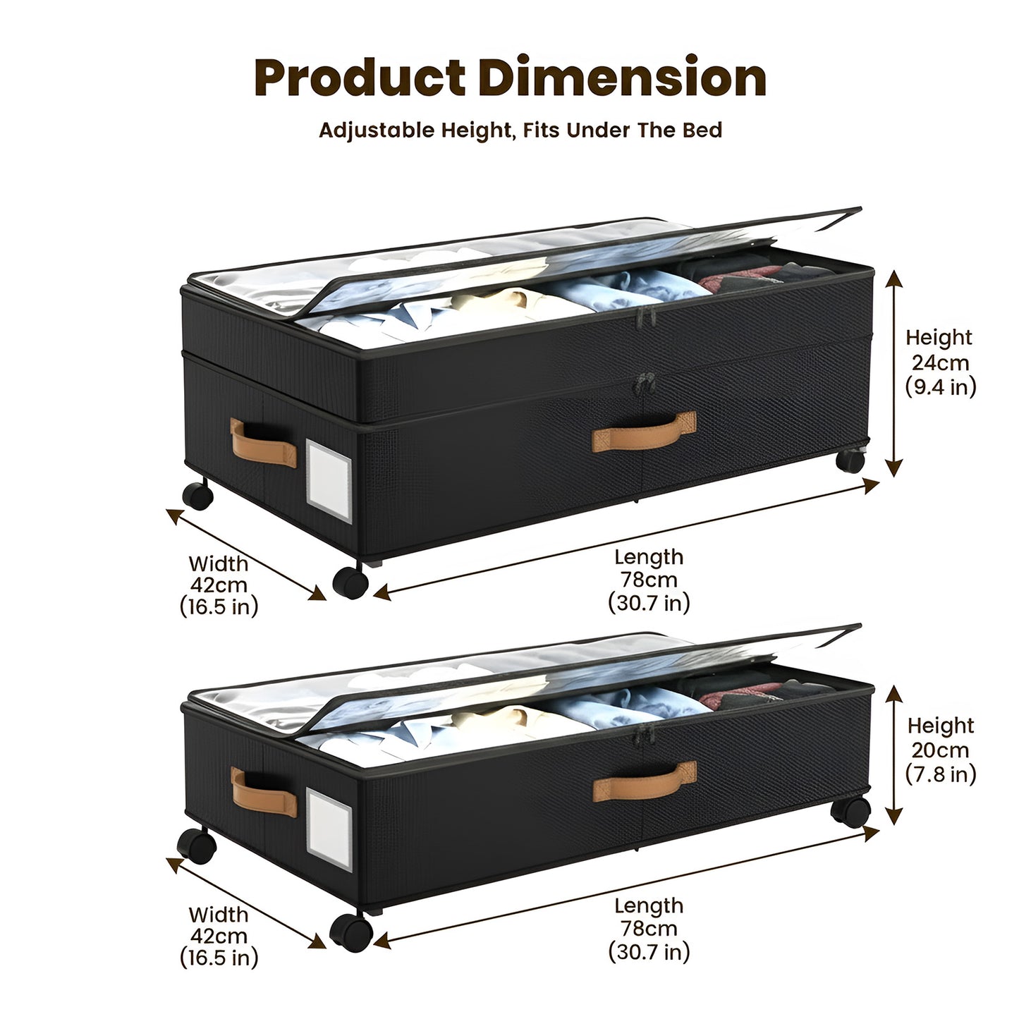 Under Bed Storage with Wheels, 2 Packs Large Underbed Organizer with Lid, 10'' Adjustable Height Shoes Containers Clothes Rolling Bin for Bedroom Dorm, Black