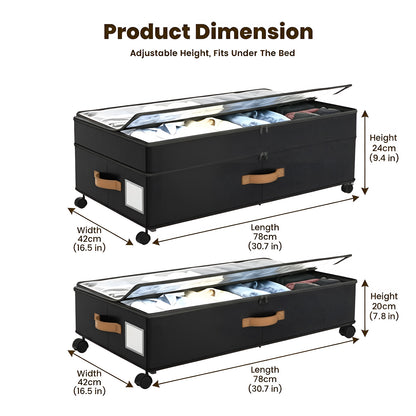 Under Bed Storage with Wheels, 2 Packs Large Underbed Organizer with Lid, 10'' Adjustable Height Shoes Containers Clothes Rolling Bin for Bedroom Dorm, Black