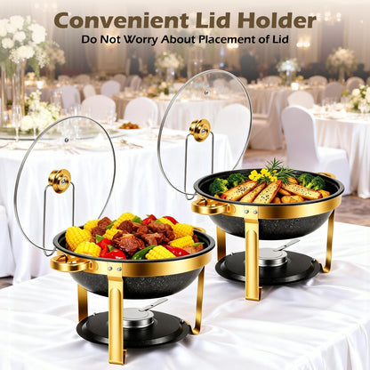 Black Chafing Dishes for Buffet with Glass Lid (5.3QT, 6Pack), Maifanite-Coated Round Chafing Dish Set Mirror-Polished Stainless Steel, Stackable, Lid Holder for Party, Wedding