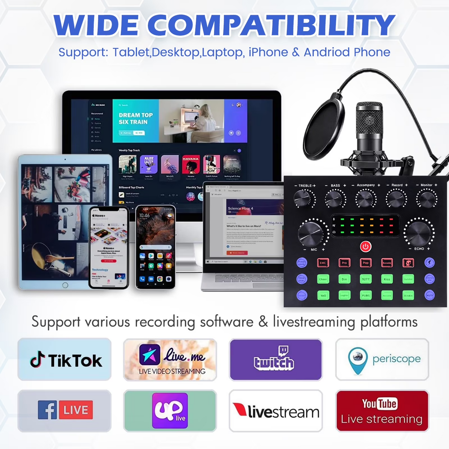 Podcast Condenser Microphone Equipment Bundle with V8S Live Sound Card And Voice Changer, Recording Studio Package for Live Streaming,Singing,Gaming,YouTube,TikTok
