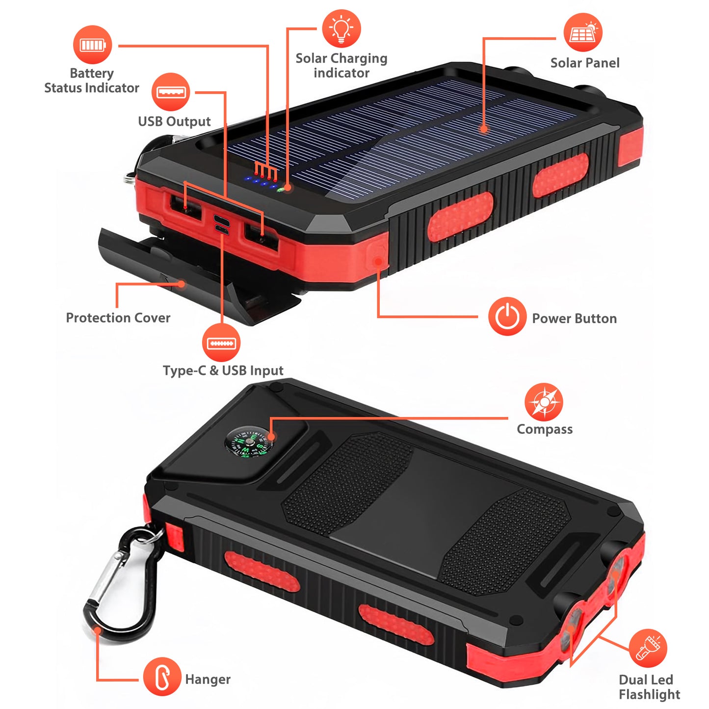 CATGOOD 10000mAh Portable Solar Charger for iphone and Android Power Bank with Dual 5V USB Ports for Outdoor Camping Hiking(Red)