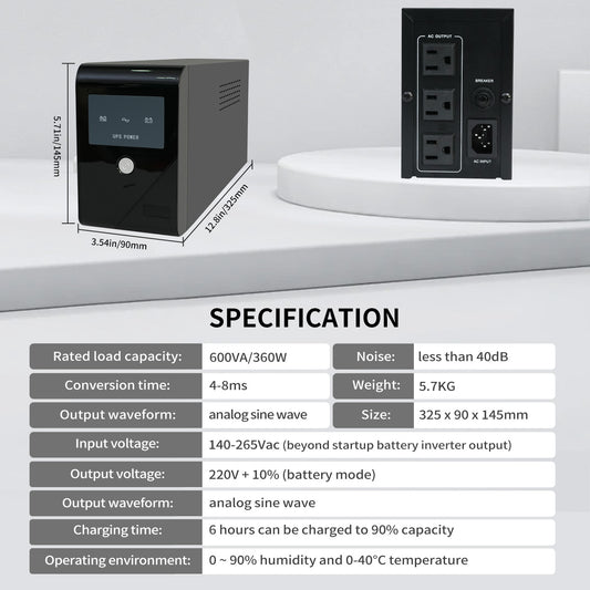 Amstech UPS 600VA/330W Backup Power, 3 Outlets, Battery Backup with Surge Protection, Suitable for Home and Office