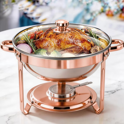 Chafing Dishes Buffet Set, 1 Pack 5.3QT Round Stainless Steel Chafer Set with Stands, Lids & Fuel Holders, Food Warmers for Parties, Catering Events, Weddings (Bright Pink Rose Gold Accents)