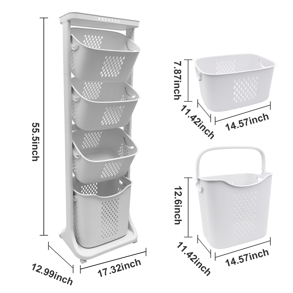 BAOKALER Wheeled 4-Bins Laundry Cart, White