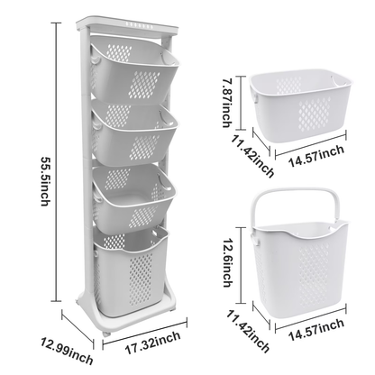 BAOKALER Wheeled 4-Bins Laundry Cart, White