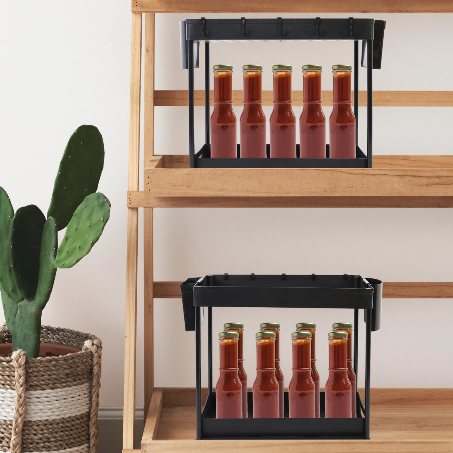 2-Pack Under Sink Organizers and Storage with Sliding Drawer, 2-Tier Under Bathroom Sink Organizer W/Hanging Cups, Multipurpose Under Kitchen Sink Organizer