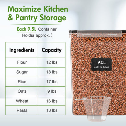 2-Pack 9.5L (321 oz) Clear Airtight Food Storage Canisters with Chalkboard Labels & Measuring Cups - Flour, Grain, Sugar, Rice, Pasta, Coffee Container with Lids