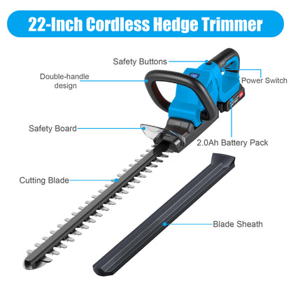 22" Cordless Hedge Trimmer with 180～ Rotatable Head, 21V Electric Bush Trimmer with 2 x 2000mAh Batteries, 1000W 24000r/min Motor, 68Mn Steel Blade for Garden Yard, Blue