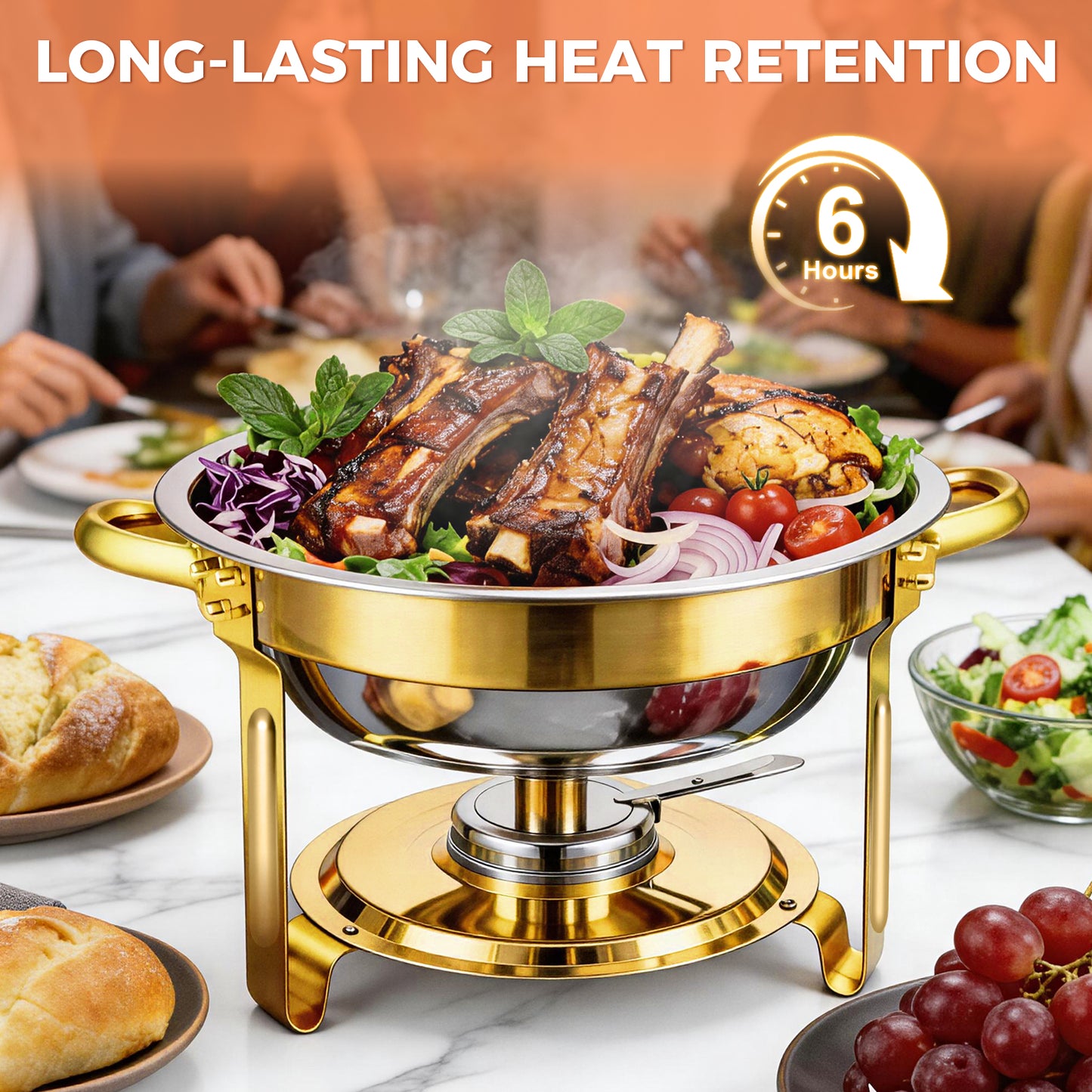 CATGOOD 6 Pack Chafing Dish Buffet Set, 6QT Stainless Steel Food Warmers with Glass Lids & Gold Stands, Buffet Servers & Chafer Set for Parties, Weddings, Catering, Home Banquet