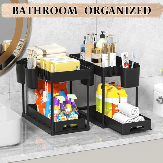 2 PCS Under Sink Organizer Pull-Out, 2-Tier Multifunctional Kitchen Bathroom Organizers and Storage, Under Cabinet Storage for Home, Black