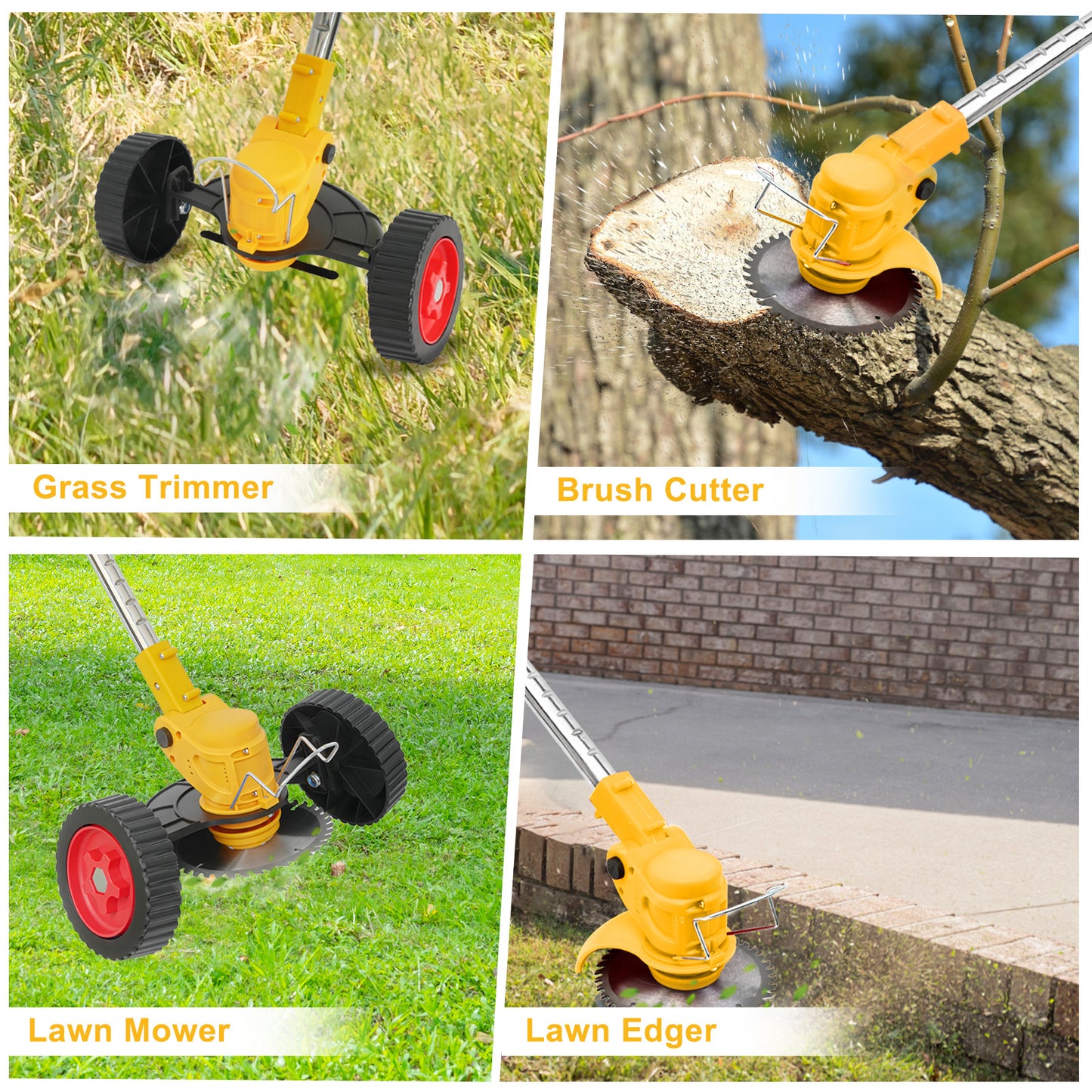 String Trimmer Cordless with Wheels, 24V 2000mAh Battery, 11000RPM, 650W, 3 in 1 Stringless Lightweight Brush Cutter/Edger/Mower, Adjustable Cutting Angle & Height for Yard, Garden, Yellow