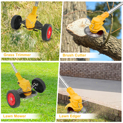 String Trimmer Cordless with Wheels, 24V 2000mAh Battery, 11000RPM, 650W, 3 in 1 Stringless Lightweight Brush Cutter/Edger/Mower, Adjustable Cutting Angle & Height for Yard, Garden, Yellow