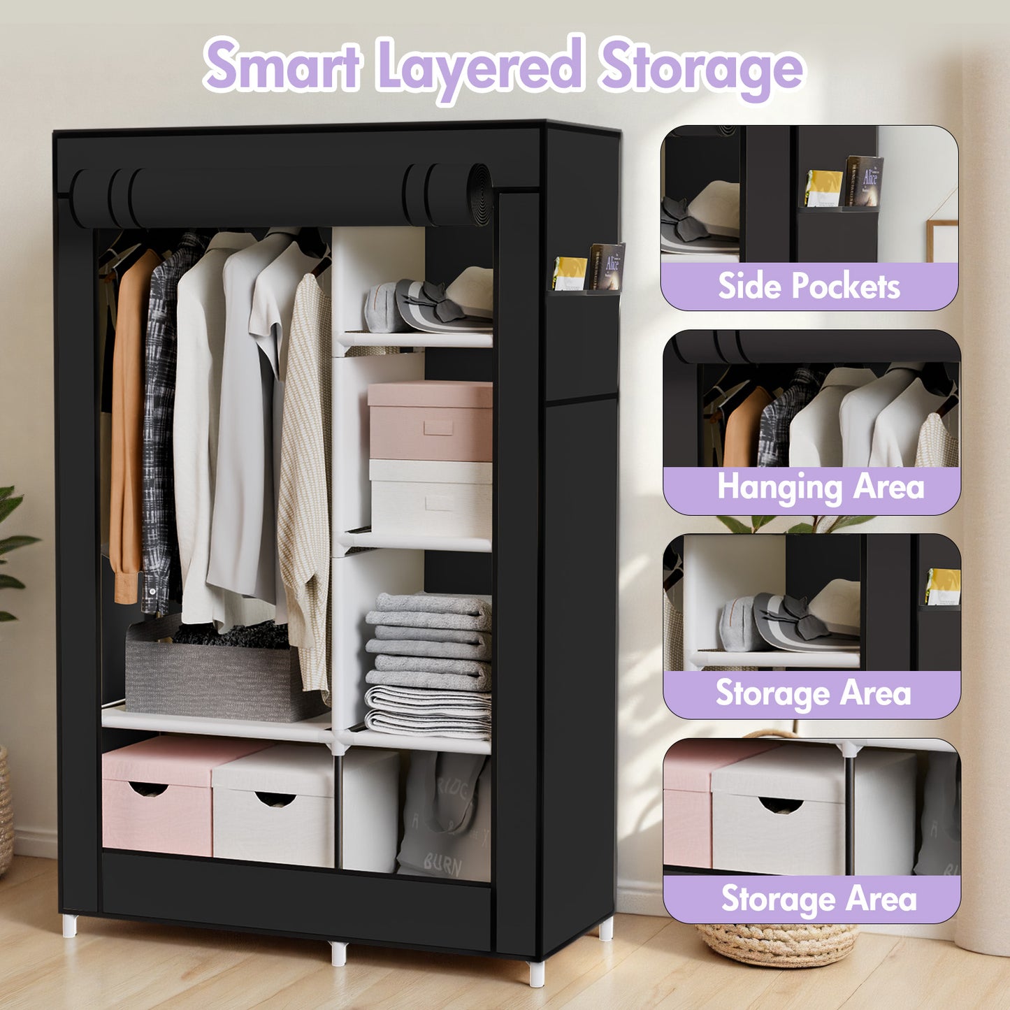 BAOKALER Portable Closet Organizer with 6 Shelves & 1 Hanging Rod, Non-woven Fabric Wardrobe Clothes Storage with 4 Side Pockets for Bedroom, Living Room, Cloakroom, Dorm, Apartment, Black