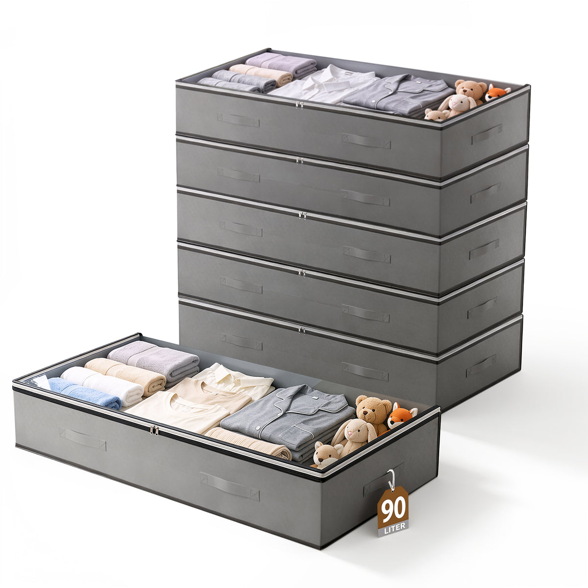 6 Pack Under Bed Storage Containers, 90L Foldable Underbed Storage Bins with Reinforced Handles for Clothing, Bedding, Dark Gray