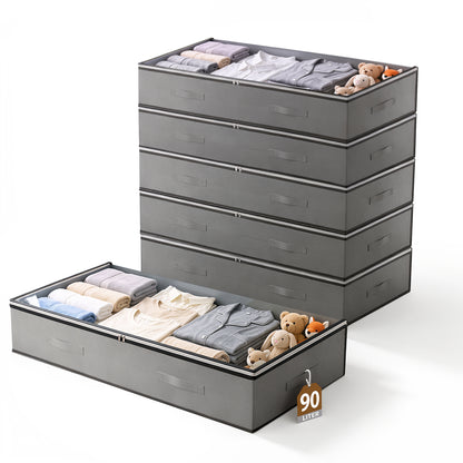 6 Pack Under Bed Storage Containers, 90L Foldable Underbed Storage Bins with Reinforced Handles for Clothing, Bedding, Dark Gray