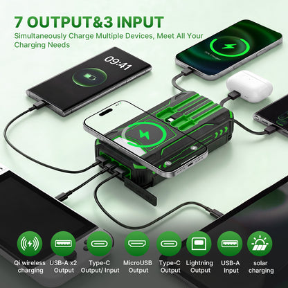 Solar Power Bank 46800mAh, PD15W Fast Charging Solar Charger with 4 Built-in Cables & Wireless Charging, Portable Solar Charger for Cell Phone, Solar Battery Pack for Camping (Green)