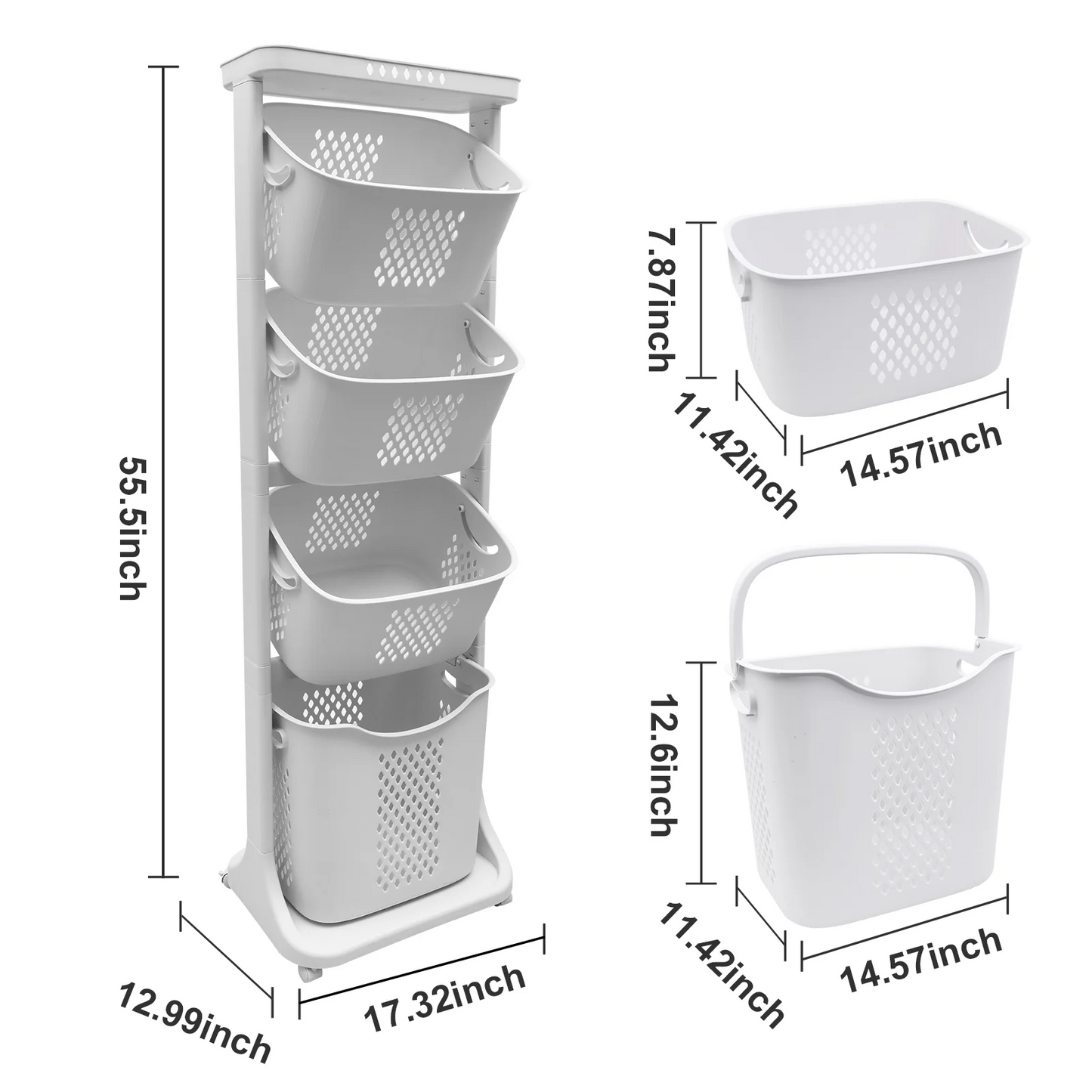 CATGOOD Rolling PP Laundry Hamper with 4 Bins, White, 2-Bag