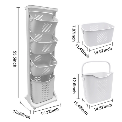 CATGOOD Rolling PP Laundry Hamper with 4 Bins, White, 2-Bag