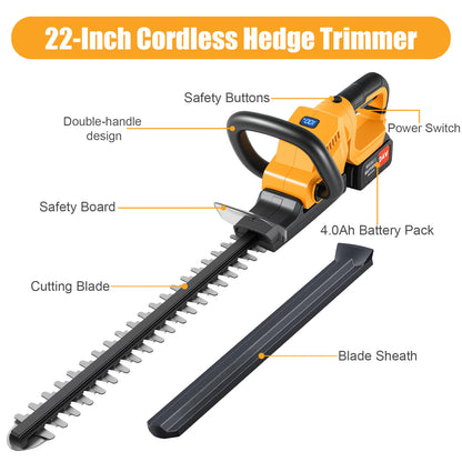 22" Cordless Hedge Trimmer with 180～ Rotatable Head, 21V Electric Bush Trimmer with 2 x 4000mAh Batteries, 1000W 24000r/min Motor, 67Mn Steel Blade for Garden Yard, Yellow