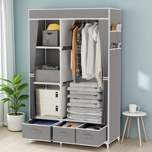 BAOKALER Wardrobe Closet Organizer with 3 Drawers and 4 Side Pockets, Non-Woven Fabric Clothes Storage for Bedroom, Living Room, Closet, Garage, Dorm, Light Gray