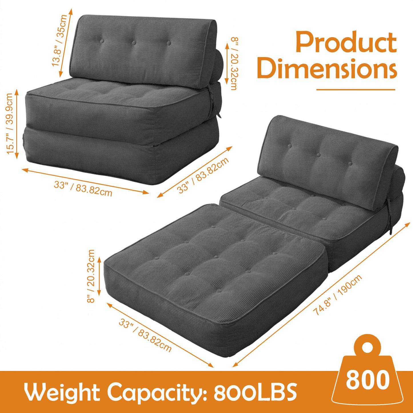 CATGOOD Single Sofa Bed with Pillow, Convertible Sleeper Sofa for Small Spaces, Portable Boneless Small Couch Comfy Floor Sofa Lounge Chair for Living Room, Bedroom, Gray