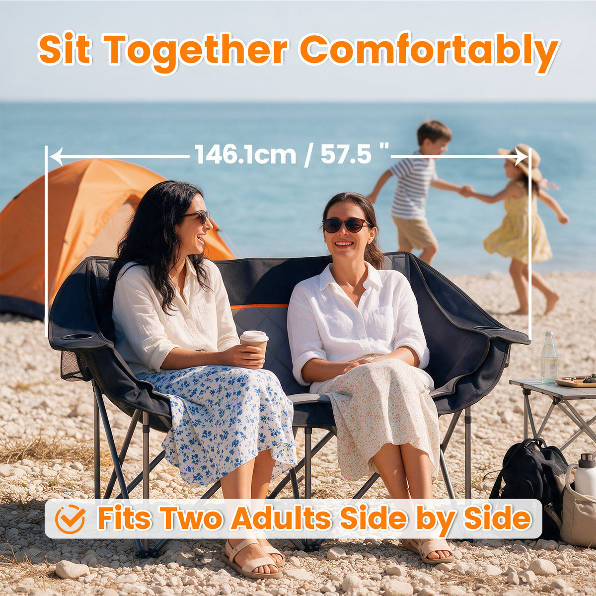 BAOKALER Double Camping Chair for 2 Person, Heavy Duty Folding Loveseat Outdoor Chair with Cup Holders and Armrests, Supports 660 LBS, Portable Oversized Couch for Beach Picnic Travel