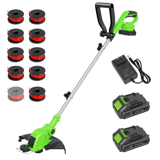CATGOOD Cordless Weed Wacker, 12 Inch Electric String Trimmer with 10 lines and 2 Batteries, 3-in-1 Lawn Edger with Pivoting Head, Green