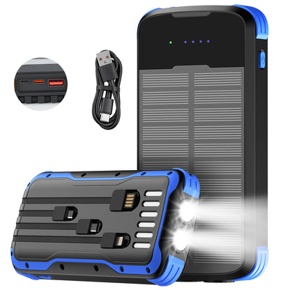 40000mAh Solar Power Bank Blue, Portable Charger 20W PD Fast Charging, Solar Charger Power Bank W/4 Built-in Cables & 9 Charging Ways, Waterproof Dual LED Flashlights for Camping Hiking
