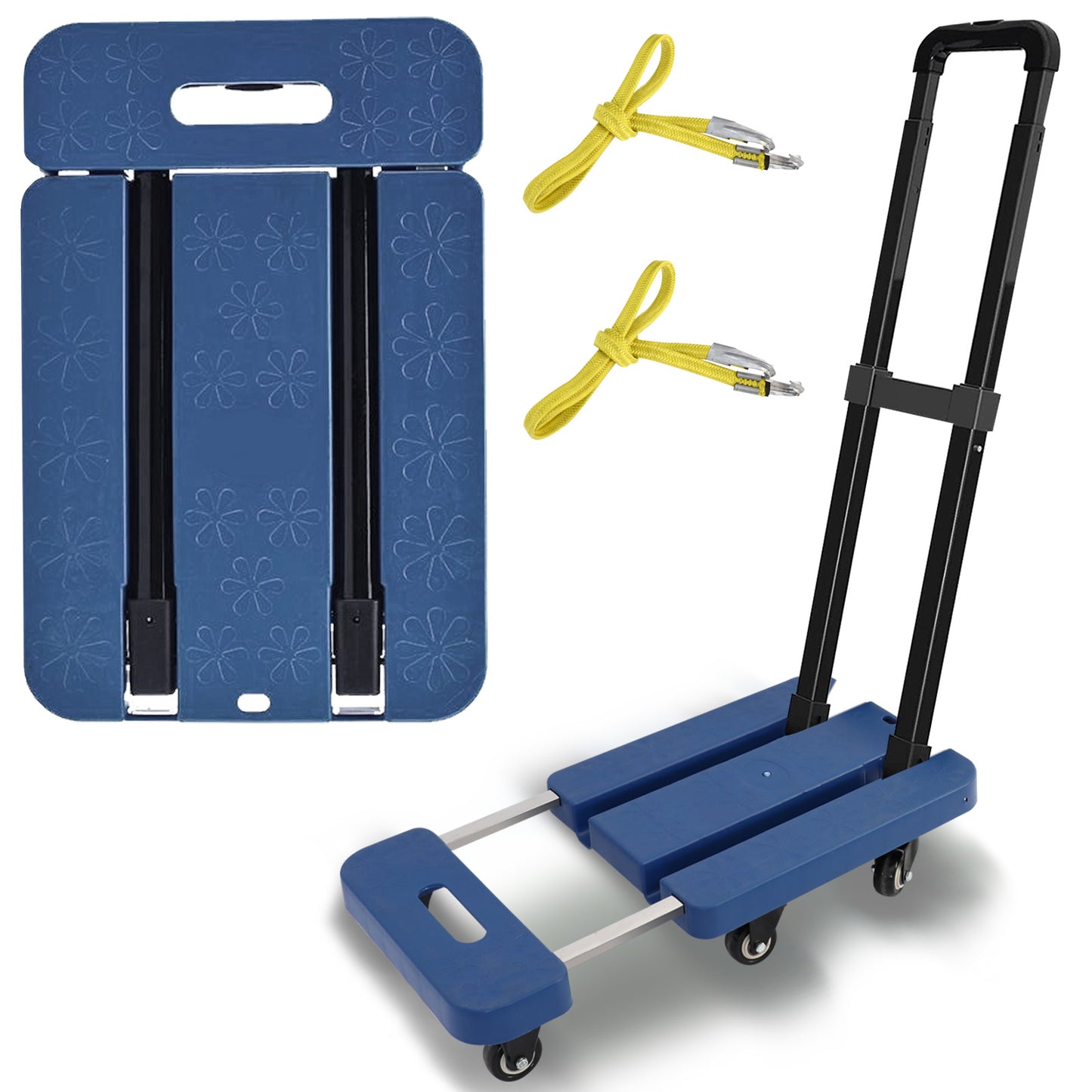 Folding Hand Truck, Heavy Duty Dolly Cart, Push Dolly Cart Foldable Platform with 6 Wheels, Blue