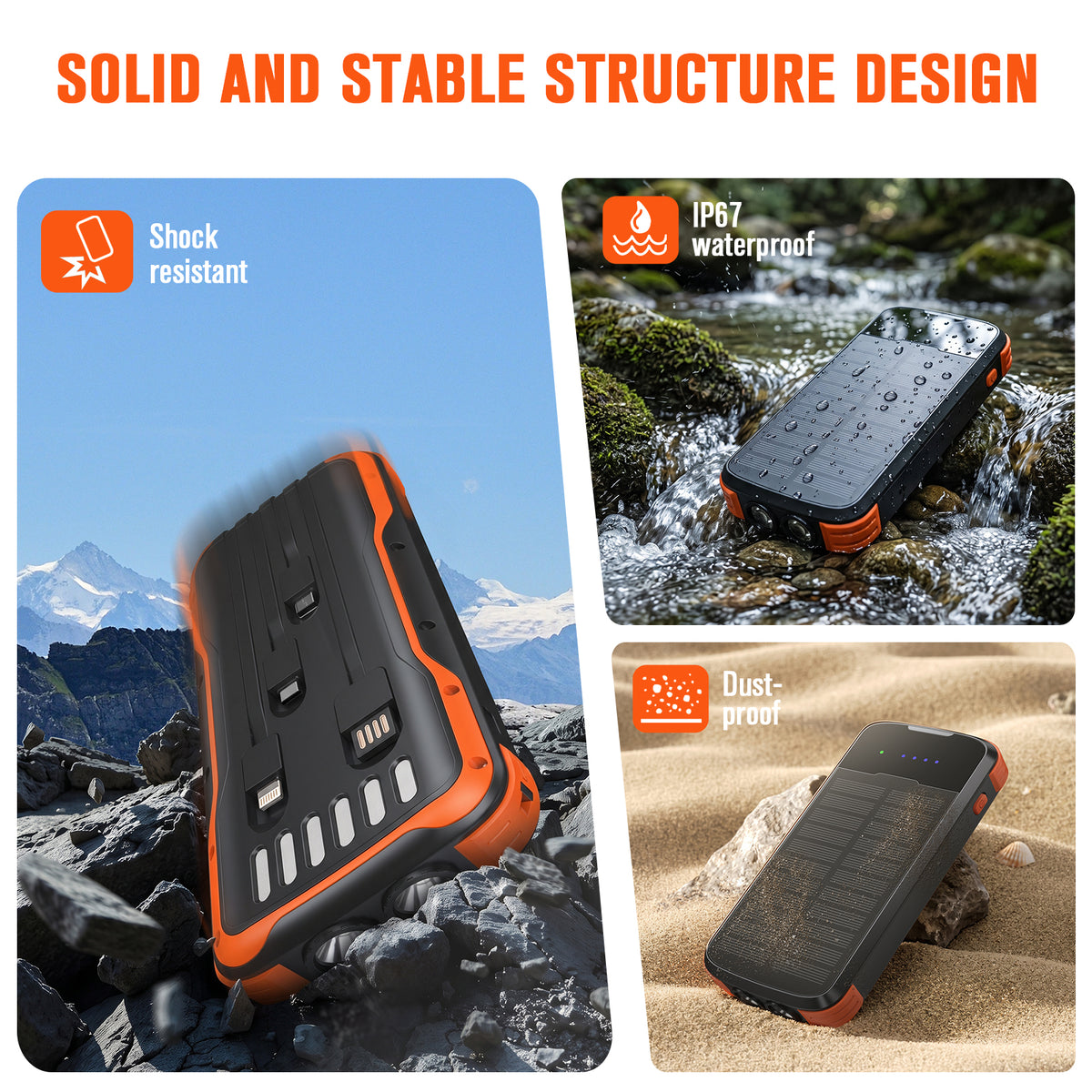 40000mAh Solar Power Bank Orange, Portable Charger 20W PD Fast Charging, Solar Charger Power Bank W/4 Built-in Cables & 9 Charging Ways, Waterproof Dual LED Flashlights for Camping Hiking