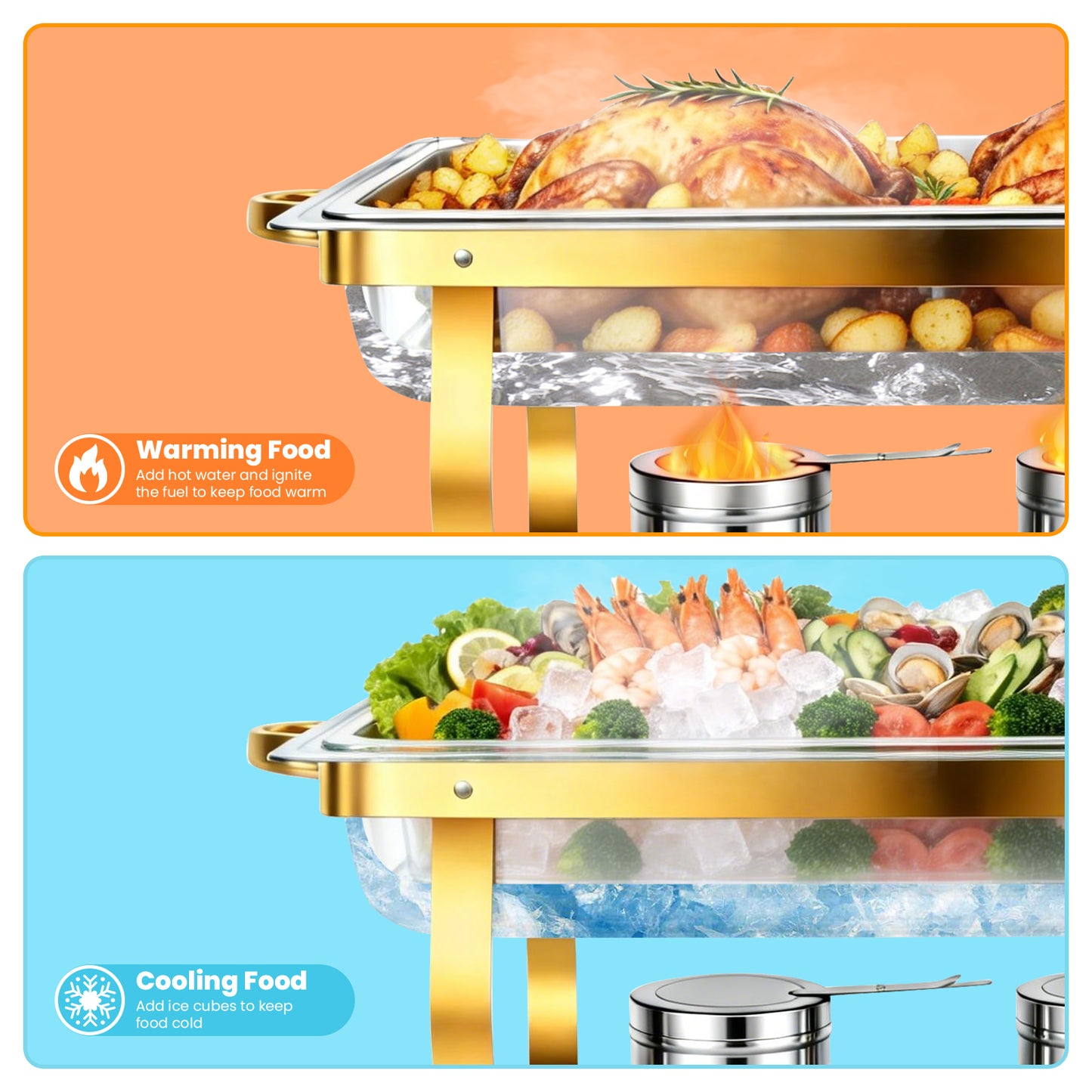 4PK Baokaler 9QT Chafing Dish Buffet Set,High Grade Food Warmer,Elegant Gold & Silver Chafing Dish for Parties, Buffet Server Food Warmer Gathering, Wedding, Event, Catering