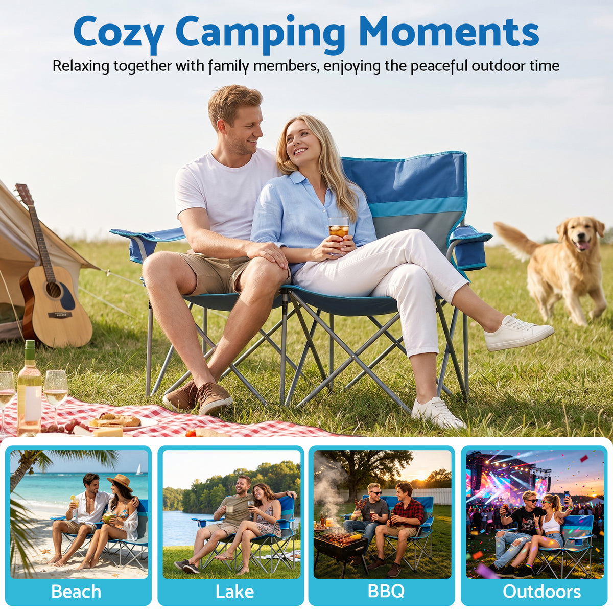 BAOKALER Double Camping Chair for 2 Person, Folding Loveseat Outdoor Chair with 2 Cup Holders, High Back Portable Camping Couch for Beach Picnic, Supports 660 LBS