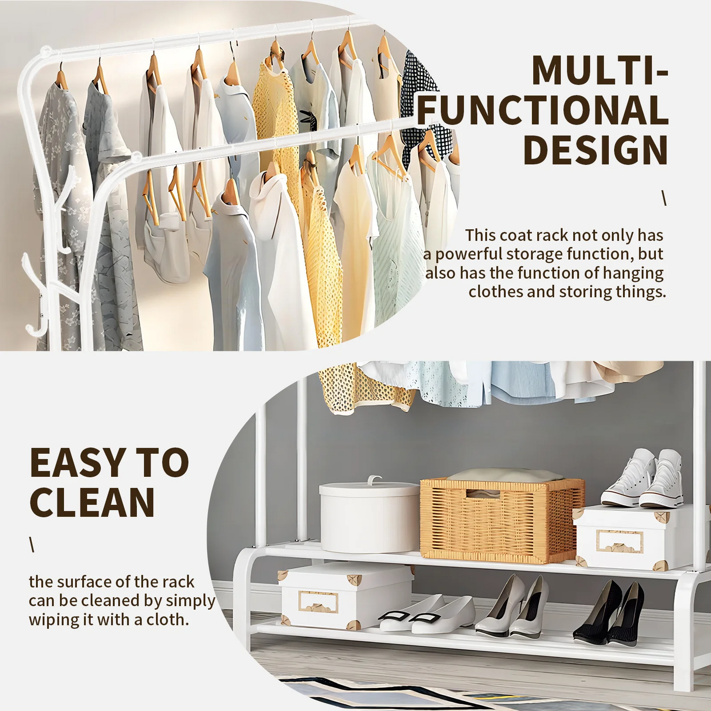 BAOKALER Space Saving Clothes Rack Freestanding Clothing Storage with 6 Hooks, White
