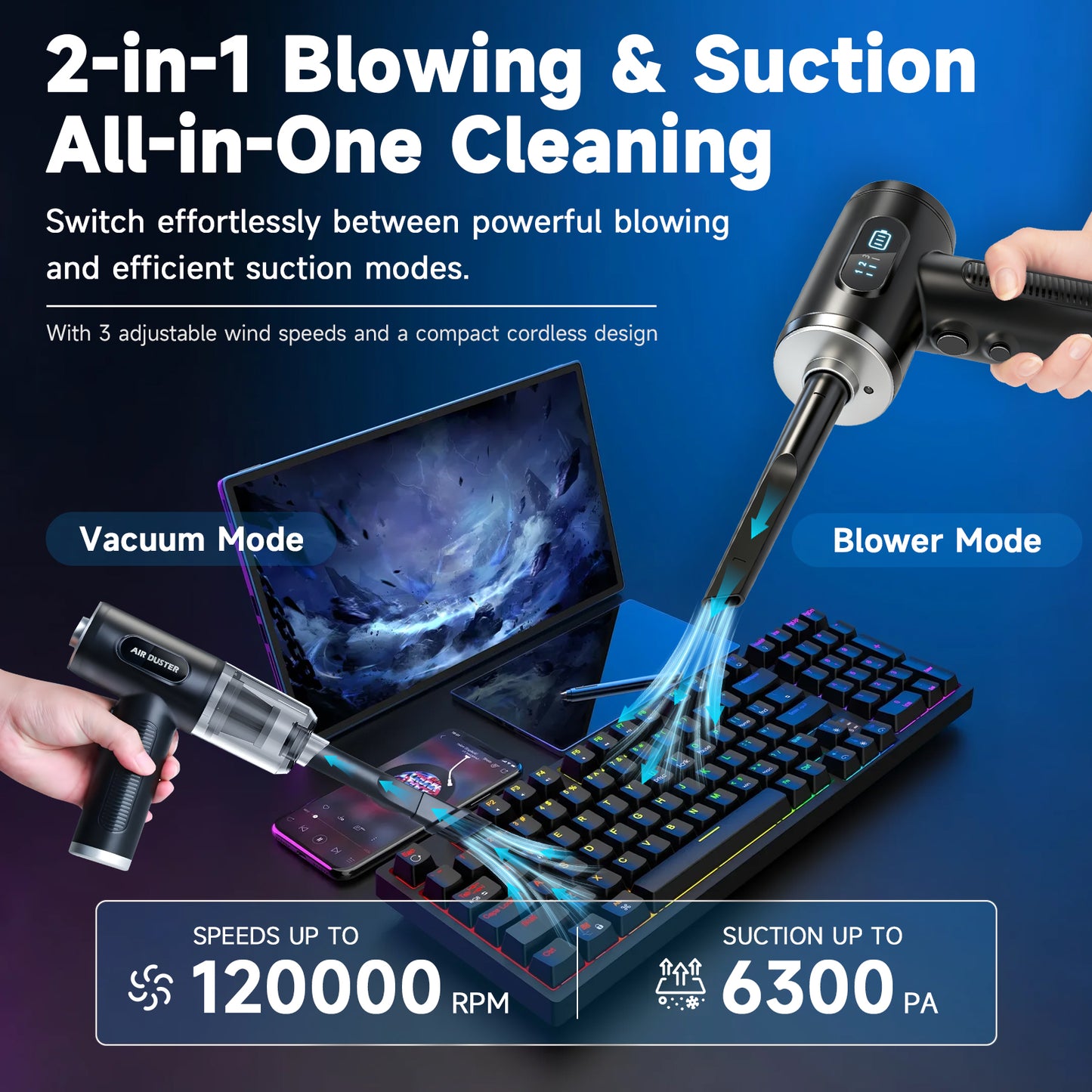 Compressed Air Duster, 120000RPM Mini Vacuum Cleaner Cordless, 3 Gear Adjustable Electric Air Duster/Car Vacuum Cleaner, Keyboard Duster with LED Light 13 Kits Air Blower for Computer