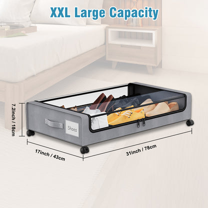Underbed Storage Containers with Wheels, Under Bed Storage Bins With Lids, Large Capacity Metal Clothes Organizer for Bedroom, Storage Box for Clothing Shoes Blankets, Gray