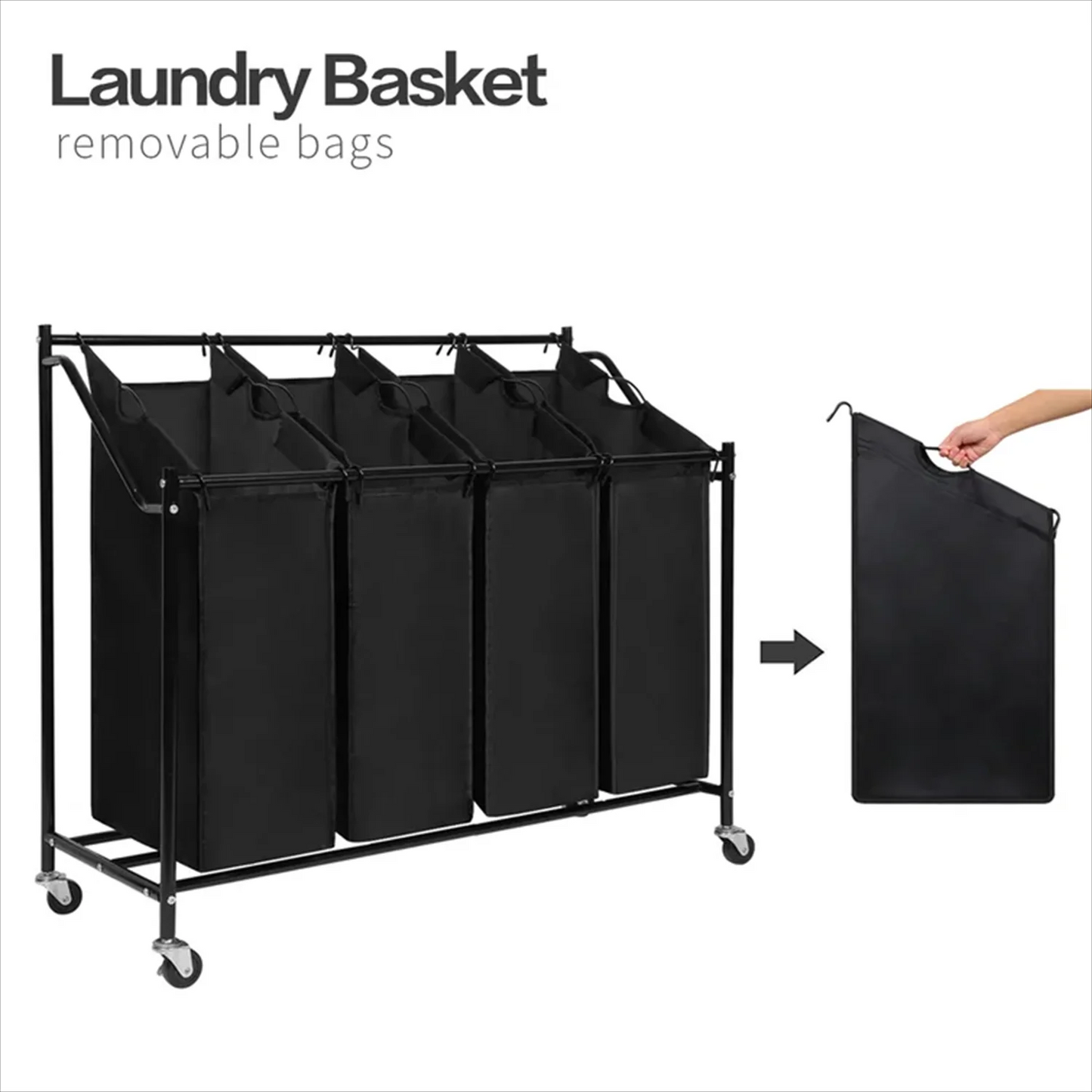 CATGOOD 4 Bag Laundry Basket Sorter Laundry Hamper Cart with Heavy Duty Rolling Lockable Wheels and Removable Bags, Black