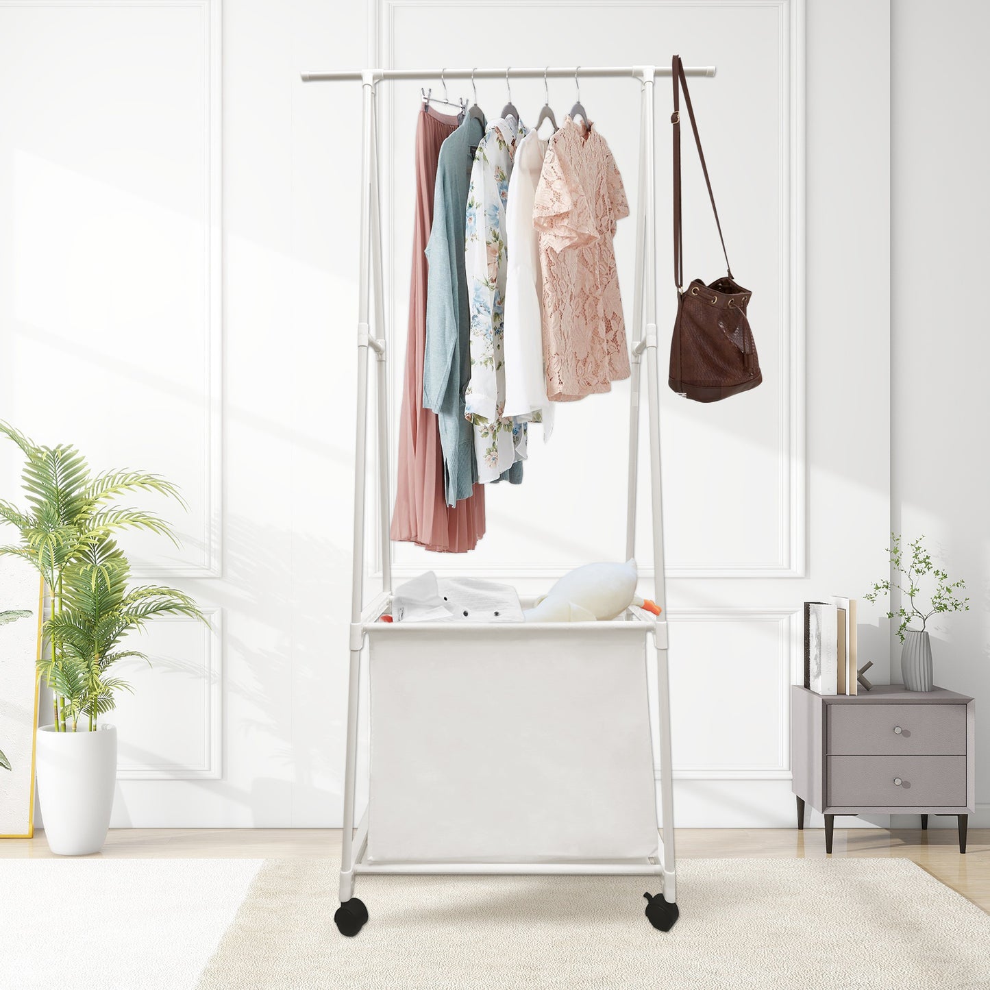 Clothes Rack, Triangle Garment Rack with Large Storage Bag, Clothes Storage Organizer on Wheels, Portable Laundry Coat Rack, Closet Clothing Rack for Home Dorm, White
