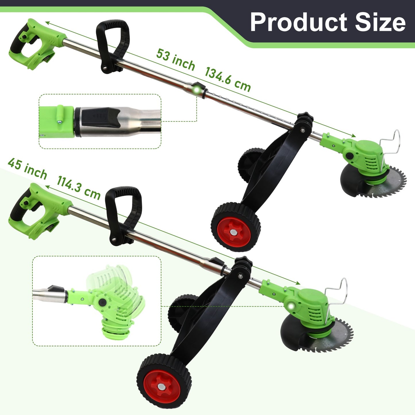 BAOKALER Electric Weed Eaters Cordless, Battery Powered Weed Wacker with Charger, Grass Trimmer with Supporting Wheels, Grass Cutting Machine with 2 Batteries for Yard and Garden, Green