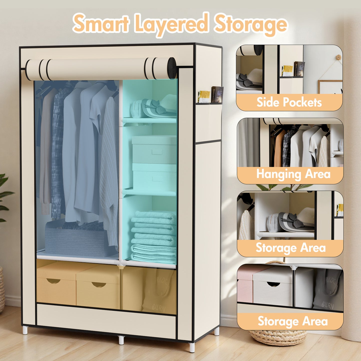 BAOKALER Wardrobe Closet Storage, Hanging Closet organizer, Clothes Rack with Cover, Tool-Free Assembly Clothes Storage for Home Bedroom Living Room, Beige