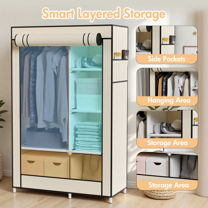 BAOKALER Wardrobe Closet Storage, Hanging Closet organizer, Clothes Rack with Cover, Tool-Free Assembly Clothes Storage for Home Bedroom Living Room, Beige