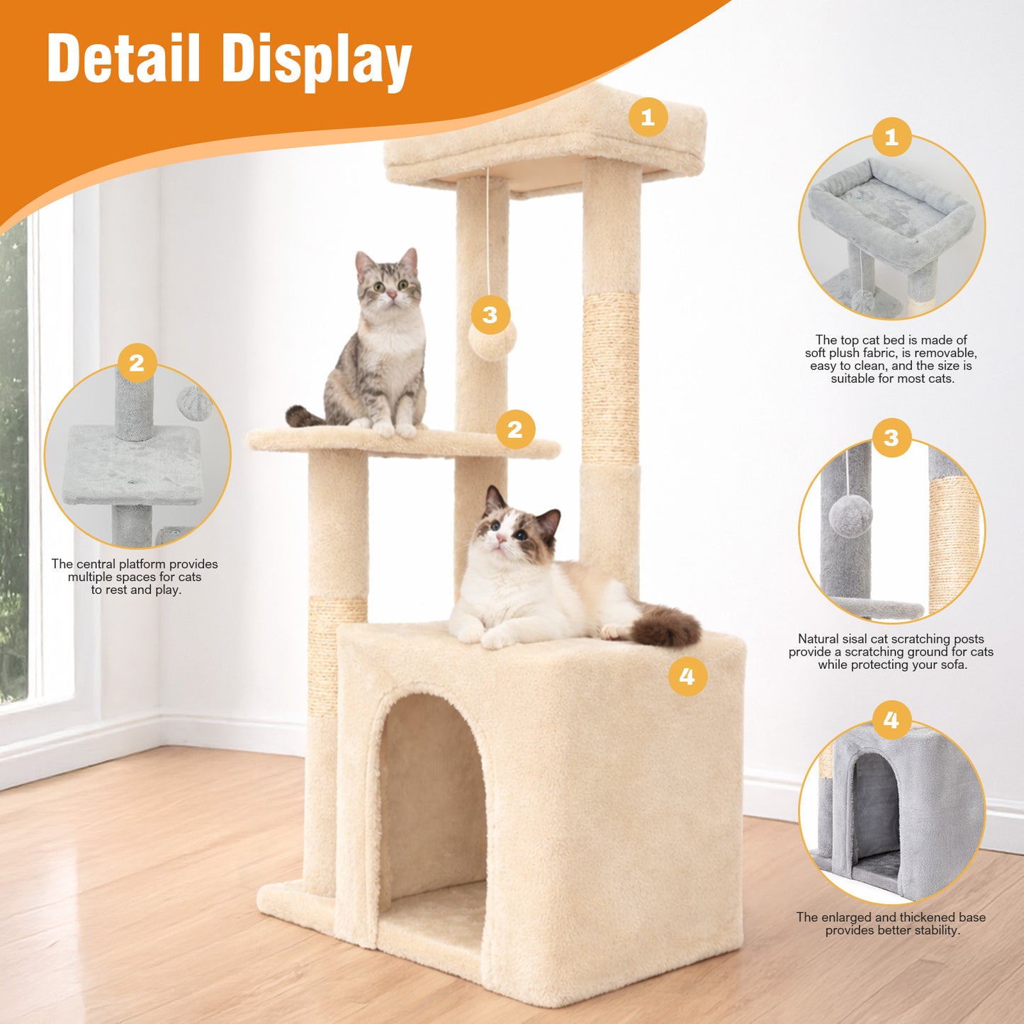 Cat Tree, Multi-Level Cat Tree Tower, Indoor Activity Center with Sisal Scratching Posts, Condos, Plush Perches, Hanging Cat Toys, Beige