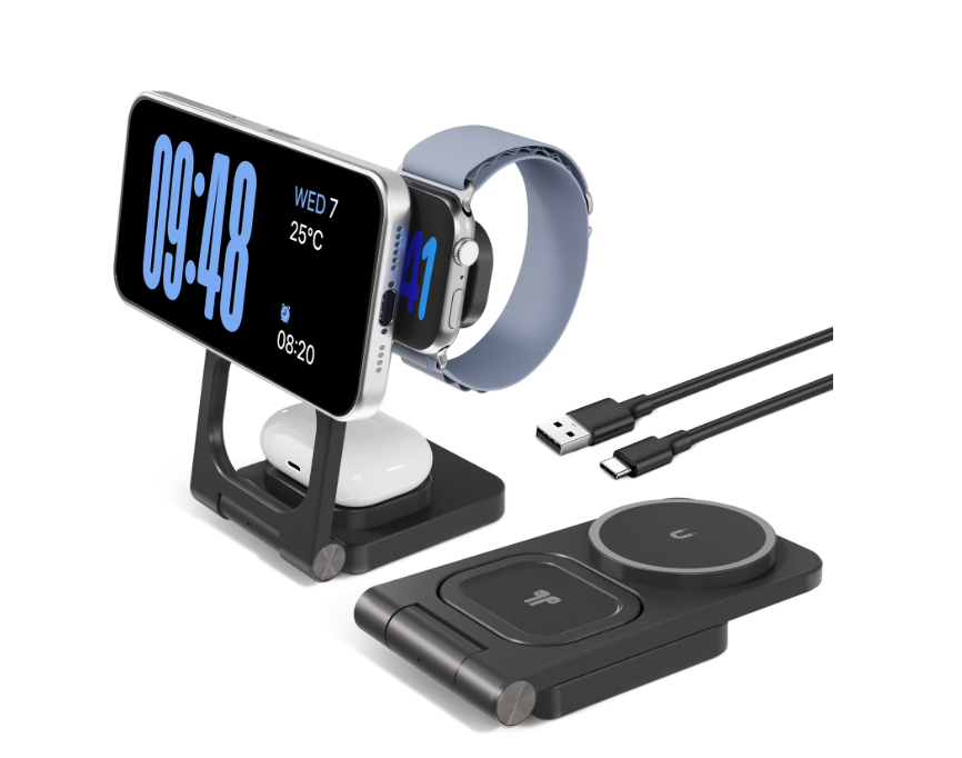 Magnetic Charging Station,3 in 1 Foldable Wireless Charger Compatible for iPhone 17/16/15/14/13/12 Plus Pro Max,Portable Charger Dock for iWatch & AirPods,Black