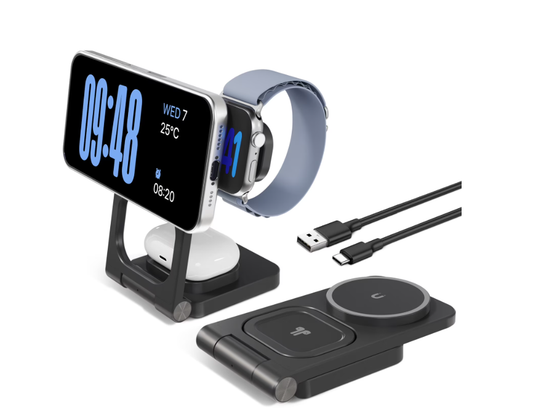 Magnetic Charging Station,3 in 1 Foldable Wireless Charger Compatible for iPhone 17/16/15/14/13/12 Plus Pro Max,Portable Charger Dock for iWatch & AirPods,Black