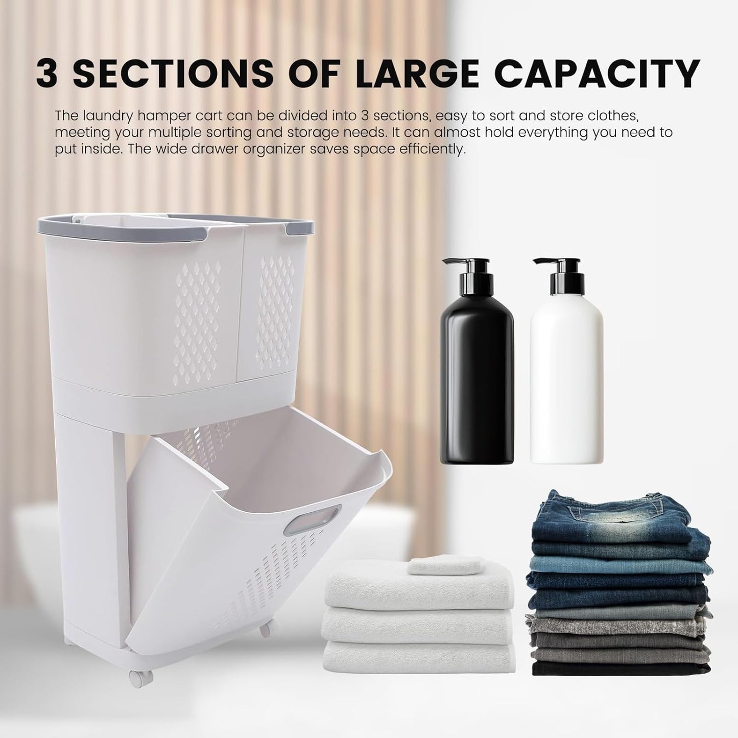 2 Tier Rolling Laundry Hamper Sorter, Removable Laundry Basket Cart with Wheels and Handle, White Portable Storage Baskets with 3 Deep Baskets for Kitchens, Bathrooms, Bedrooms and Laundry Rooms