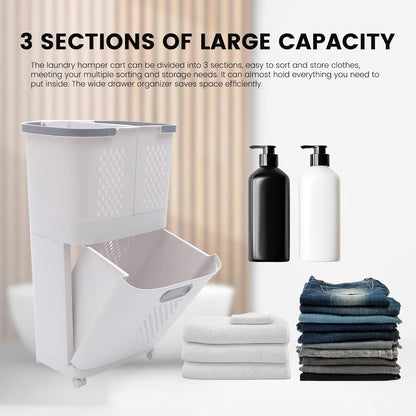 2 Tier Rolling Laundry Hamper Sorter, Removable Laundry Basket Cart with Wheels and Handle, White Portable Storage Baskets with 3 Deep Baskets for Kitchens, Bathrooms, Bedrooms and Laundry Rooms